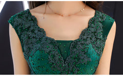 Green Satin A-line Long Party Dress with Lace, Beaded Satin Evening Dress Prom Dress