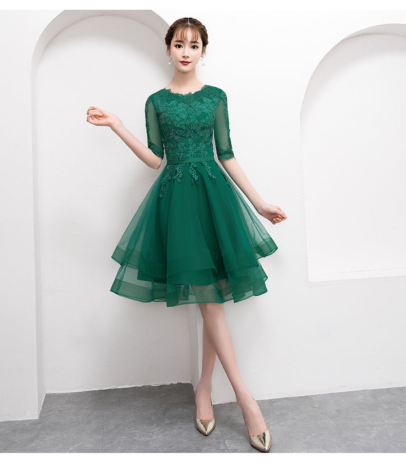 Charming Dark Green Tulle Knee Length Short Sleeves Party Dress, Green Bridesmaid Dress