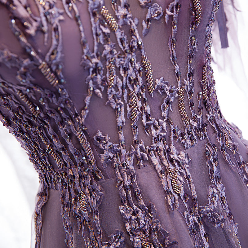 Dark Purple V-neckline Lace Beaded Long Prom Dress, A-line Tulle Evening Dress