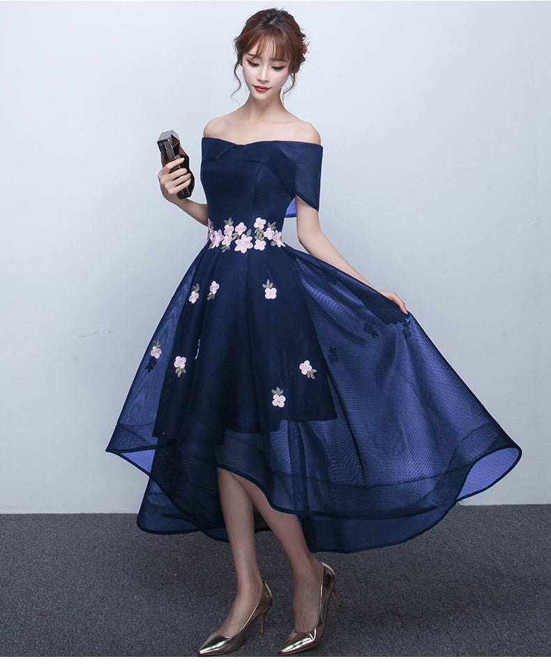 Chic Off The Shoulder Navy Blue High Low Prom Dresses, Blue Homecoming Cutedressy Chic Off The Shoulder Navy Blue High Low Prom Dresses, Blue Homecoming Cutedressy