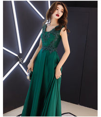 Green Satin A-line Long Party Dress with Lace, Beaded Satin Evening Dress Prom Dress