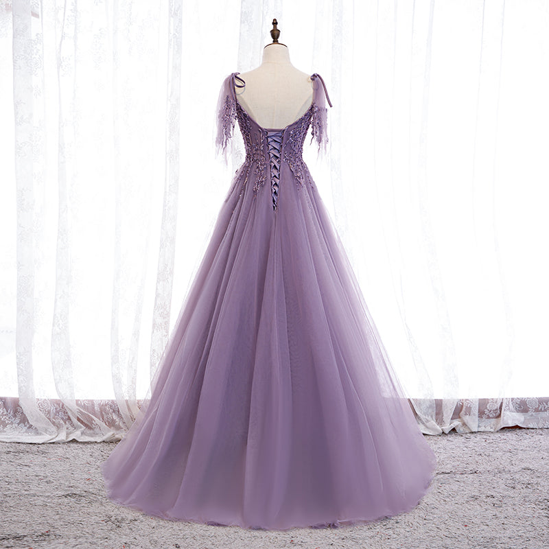 Dark Purple V-neckline Lace Beaded Long Prom Dress, A-line Tulle Eveni Cutedressy Dark Purple V-neckline Lace Beaded Long Prom Dress, A-line Tulle Eveni Cutedressy