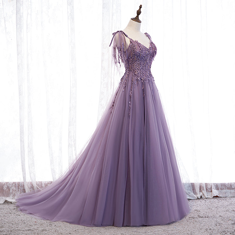 Dark Purple V-neckline Lace Beaded Long Prom Dress, A-line Tulle Evening Dress