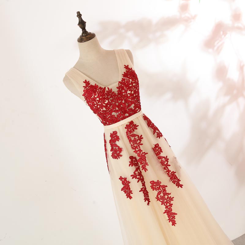 Ivory Tulle with Red Lace Applique V-neckline Prom Dress, Tulle V Back Formal Dress, Evening Dress