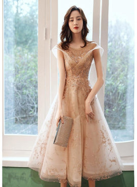 Light Champagne Applique Tulle Cap Sleeves Party Dress, Tea Length Formal Dress Bridesmaid Dress