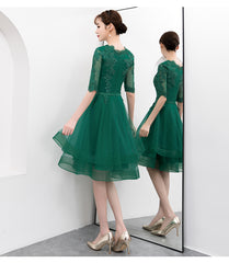 Charming Dark Green Tulle Knee Length Short Sleeves Party Dress, Green Bridesmaid Dress