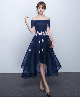 Chic Off The Shoulder Navy Blue High Low Prom Dresses, Blue Homecoming Dress