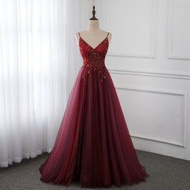 Gorgeous Wine Red Beaded Floor Length Party Dress,Burgundy Junior Prom Dress 