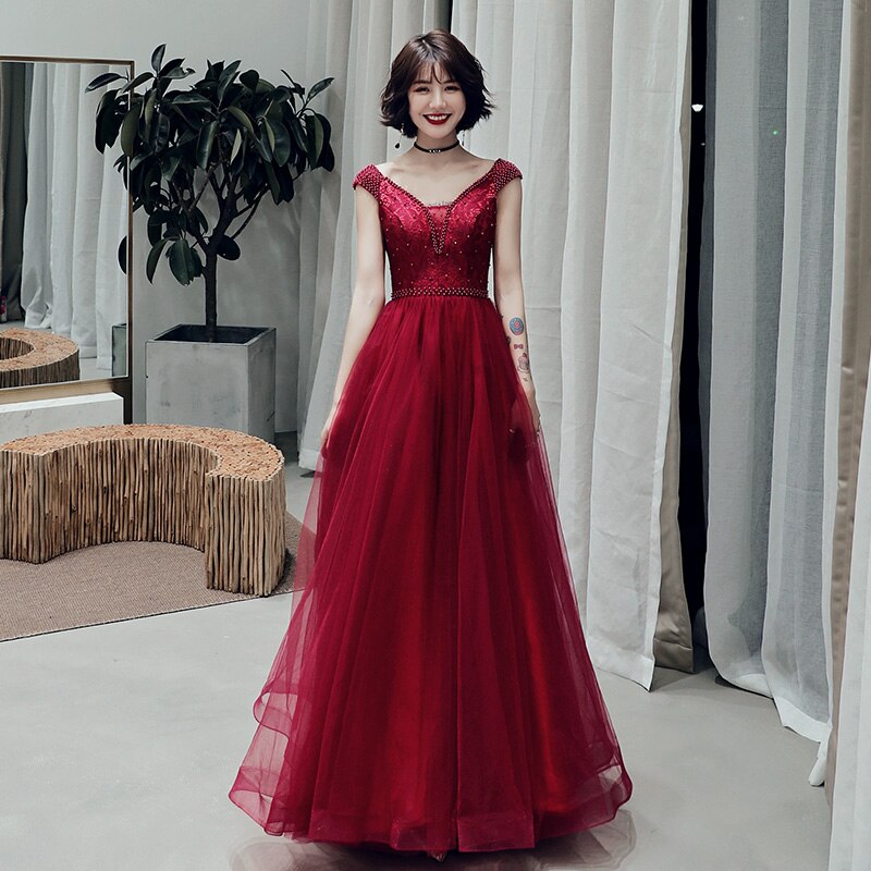 Wine Red Sexy V-neck Beaded Tulle Long Prom Dress, Dark Red Tulle With Cutedressy Wine Red Sexy V-neck Beaded Tulle Long Prom Dress, Dark Red Tulle With Cutedressy