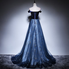 Gorgeous Off Shoulder Tulle with Velvet Long Party Dress, A-line Prom Dress Evening Dress