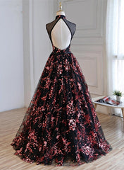 Gorgeous Black Tulle Long Formal Gown, Floral Evening Party Dress