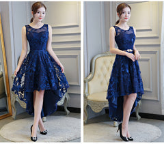 Stylish High Low Lace Navy Blue Party Dress, Bridesmaid Dress
