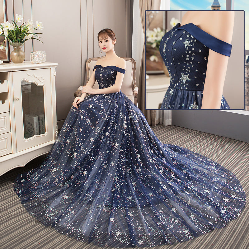 Navy Blue Charming Off Shoulder Long Formal Dress , Blue Lace A-line W Cutedressy Navy Blue Charming Off Shoulder Long Formal Dress , Blue Lace A-line W Cutedressy