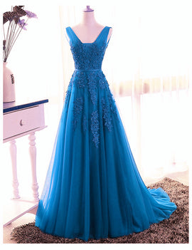 Blue Tull V-neckline Floor Length Low Back Party Dress, Blue Prom Dress Bridesmaid Dress