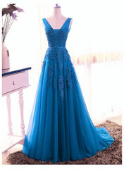 Blue Tull V-neckline Floor Length Low Back Party Dress, Blue Prom Dress Bridesmaid Dress