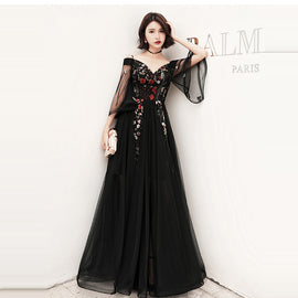Black Floral Off Shoulder Floor Length Party Dress, Black Tulle Prom Dress Formal Dress