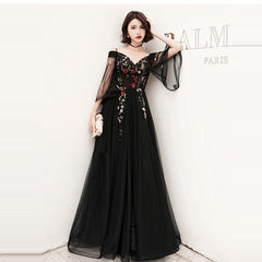 Black Floral Off Shoulder Floor Length Party Dress, Black Tulle Prom Dress Formal Dress