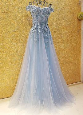 Light Blue Off Shoulder Tulle Lace Applique Party Dress, Blue Prom Dress 2021