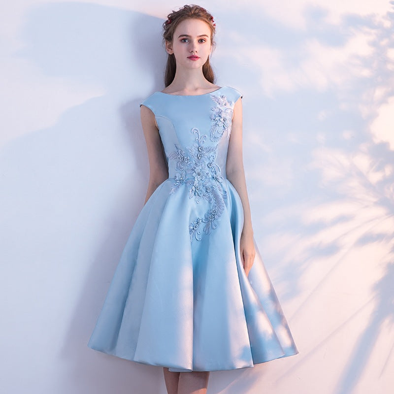 Blue Satin Knee Length Round Neckline Party Dress, Blue Prom Dress Bri