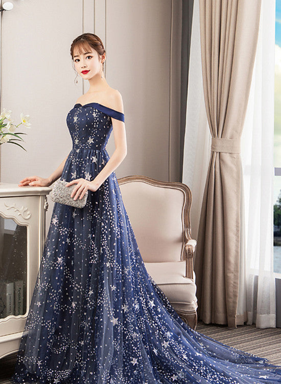 Navy Blue Charming Off Shoulder Long Formal Dress 2021, Blue Lace A-line Wedding Party Dress