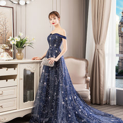 Navy Blue Charming Off Shoulder Long Formal Dress 2021, Blue Lace A-line Wedding Party Dress