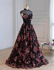 Gorgeous Black Tulle Long Formal Gown, Floral Evening Party Dress