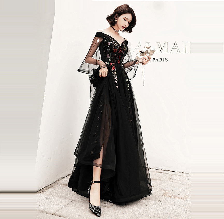 Black Floral Off Shoulder Floor Length Party Dress, Black Tulle Prom D Cutedressy Black Floral Off Shoulder Floor Length Party Dress, Black Tulle Prom D Cutedressy