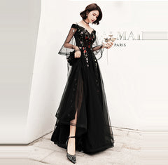 Black Floral Off Shoulder Floor Length Party Dress, Black Tulle Prom Dress Formal Dress