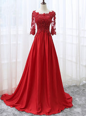 Beautiful Red Satin Short Sleeves Long Party Dress, Red Prom Dress