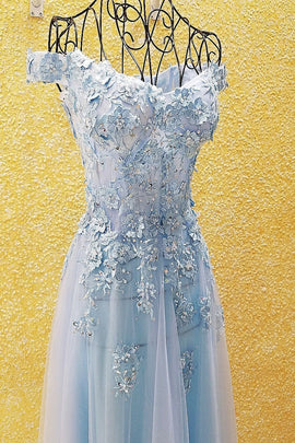 Light Blue Off Shoulder Tulle Lace Applique Party Dress, Blue Prom Dress 2021