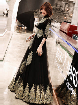 Black Tulle 1/2 Sleeves with Gold Lace Applique Party Dress, Charming Black Evening Dress Prom Dress