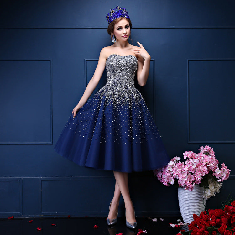 Navy Blue Sequins Sweetheart Tulle Knee Length Party Dresses, Blue Hom Cutedressy Navy Blue Sequins Sweetheart Tulle Knee Length Party Dresses, Blue Hom Cutedressy