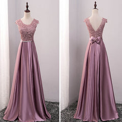 Pink Satin with Lace Applique Long Bridesmaid Dress, Pink A-line Simple Prom Dress