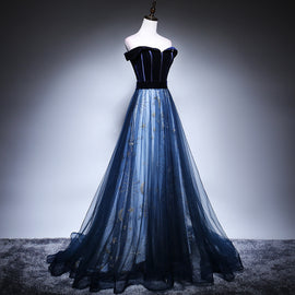 Gorgeous Off Shoulder Tulle with Velvet Long Party Dress, A-line Prom Dress Evening Dress