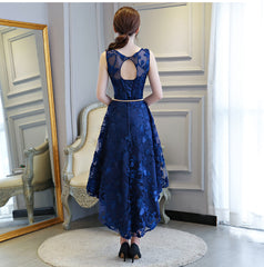 Stylish High Low Lace Navy Blue Party Dress, Bridesmaid Dress