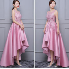 Lovely Pink Satin and Lace High Low Party Dress, Handmade Formal Dress