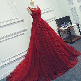 Charming Lace and Tulle Beaded Wine Red Formal Gown, V Back Long Prom Dresses