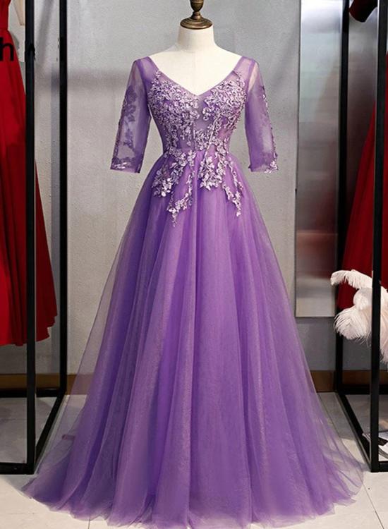 Purple  V Neck Tulle Long Party Dress with Sleeves, Prom Dress