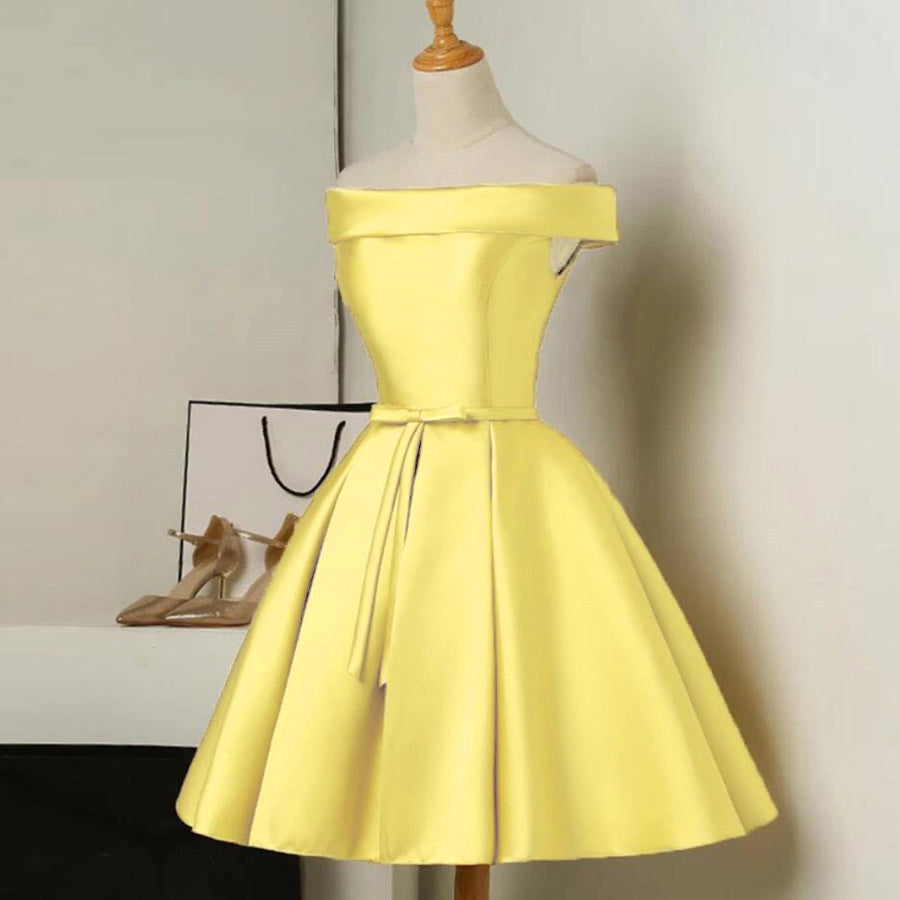 Lovely Yellow Satin Off Shoulder Short Prom Dress, Yellow Prom Dress