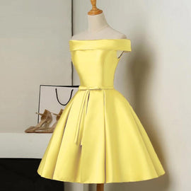 Lovely Yellow Satin Off Shoulder Short Prom Dress, Yellow Prom Dress