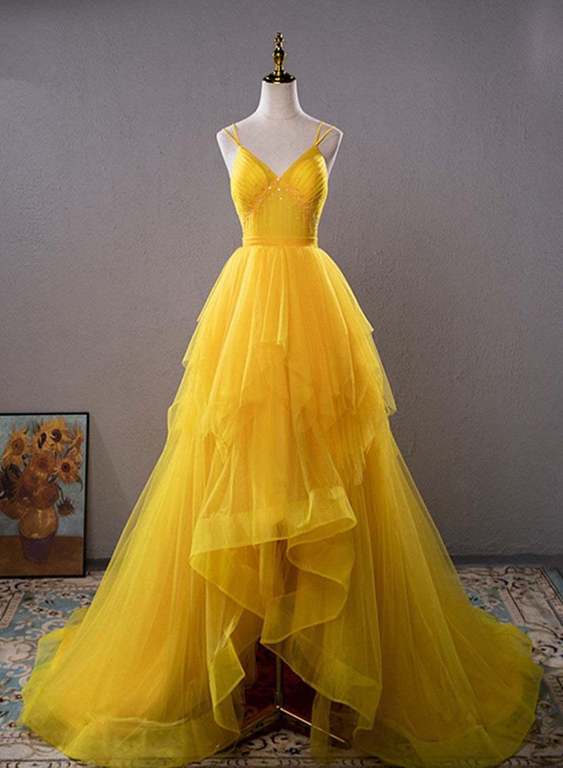 Yellow V-neckline Straps Tulle Beaded Long Party Dress, Yellow Formal Dress Prom Dress