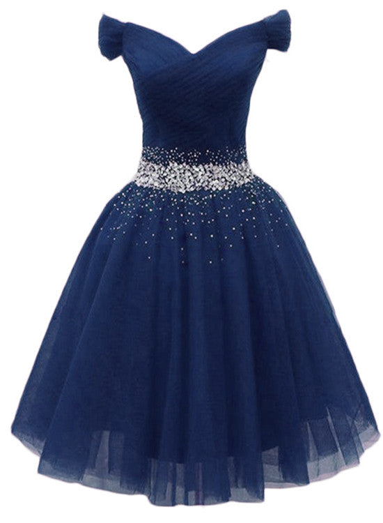 Navy Beaded Sweetheart Off Shoulder Tulle Homecoming Dress, New Style Short Prom Dresses