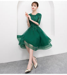 Charming Dark Green Tulle Knee Length Short Sleeves Party Dress, Green Bridesmaid Dress