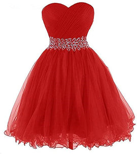 Red Beaded Sweetheart Tulle Homecoming Dress, Red Party Dress