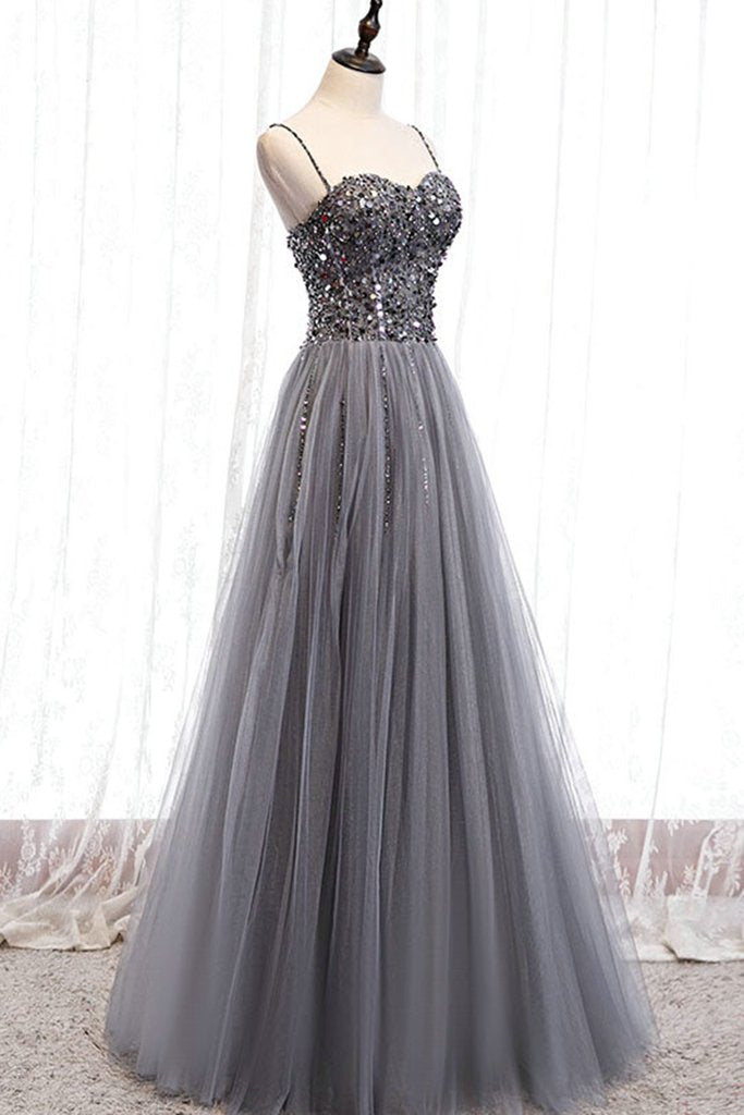 Long Tulle Dress with Beaded Straps Steel Grey Plus Size main image 0