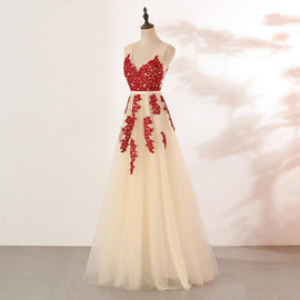 Ivory Tulle with Red Lace Applique V-neckline Prom Dress, Tulle V Back Formal Dress, Evening Dress