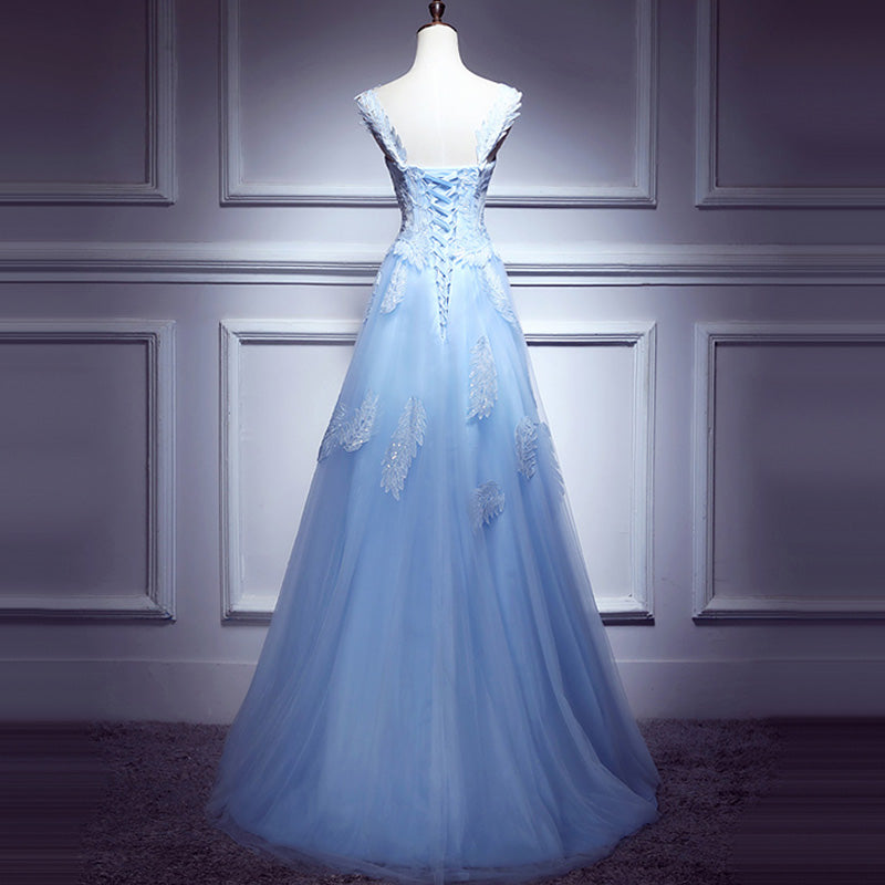 Lovely Light Blue Lace Applique Tulle Prom Dress, Blue Junior Party Dress Formal Dress