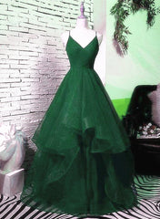 Hunter Green Straps V-neckline Layers Long Party Dress, Green New Prom Dress 2022