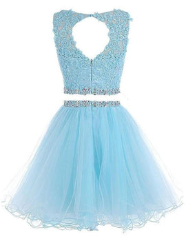 Lovely Grey Tulle Two Piece Homecoming Dress, Short Prom Dress