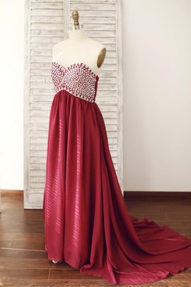 Wine Red Chiffon Beaded Sweetheart Floor Length Formal Dress, Charming Junior Prom Dress